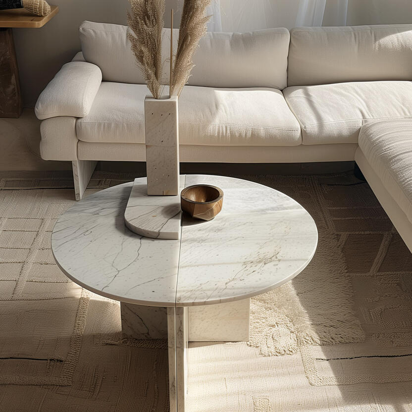 Marble coffee table in Modern and minimalist style. Sustainable furniture made in Singapore, Italian design. Made from upcycled genuine marble stone. Sustainability startup based in Singapore. Marble furniture, interior design residential, commercial