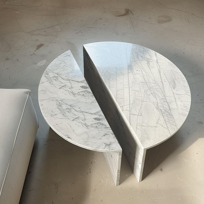 Marble coffee table in Modern and minimalist style. Sustainable furniture made in Singapore, Italian design. Made from upcycled genuine marble stone. Sustainability startup based in Singapore. Marble furniture, interior design residential, commercial