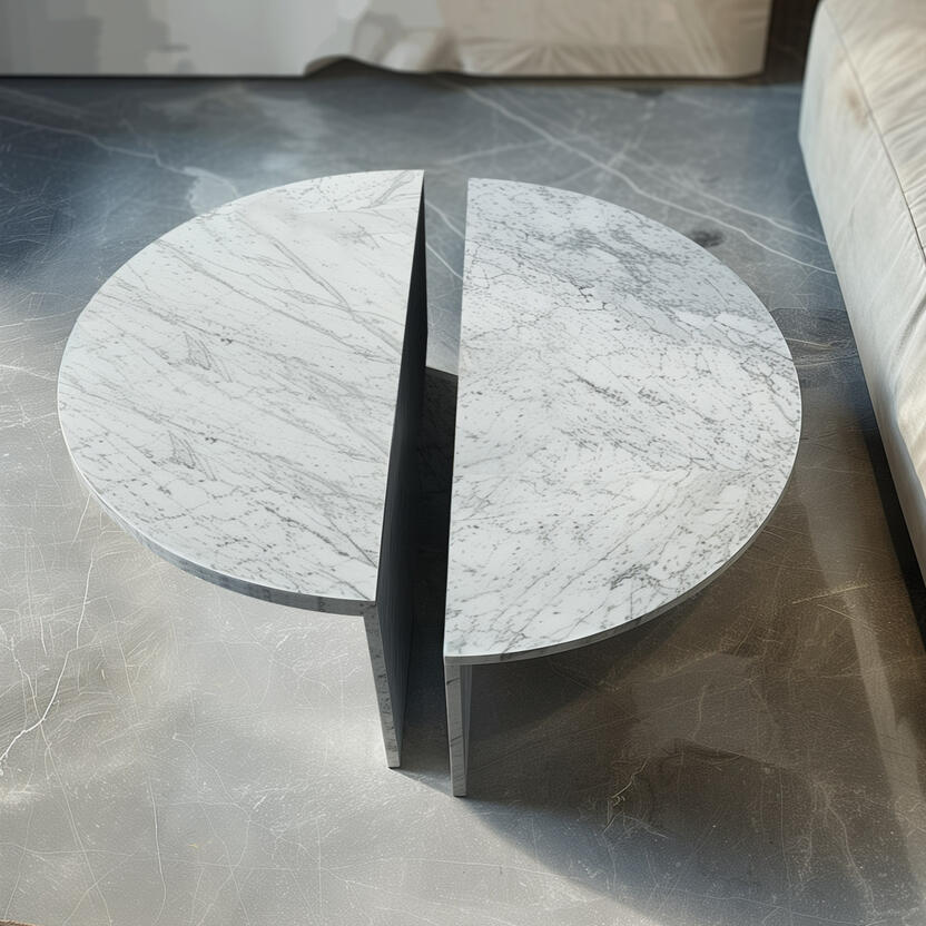 Marble coffee table in Modern and minimalist style. Sustainable furniture made in Singapore, Italian design. Made from upcycled genuine marble stone. Sustainability startup based in Singapore. Marble furniture, interior design residential, commercial