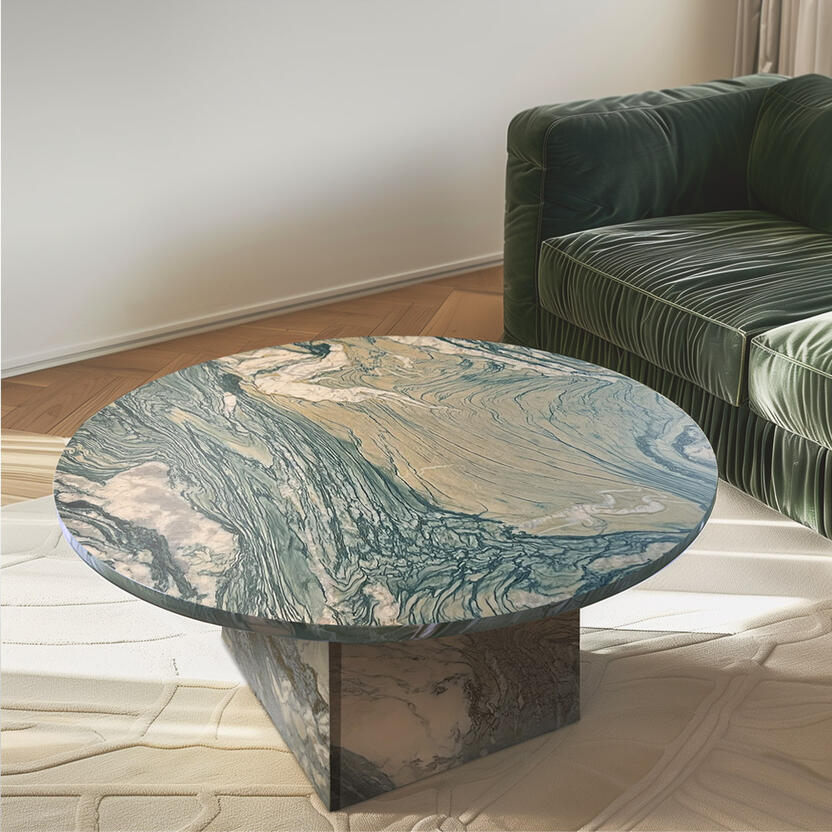 Marble coffee table in Modern and minimalist style. Sustainable furniture made in Singapore, Italian design. Made from upcycled genuine marble stone. Sustainability startup based in Singapore. Marble furniture, interior design residential, commercial